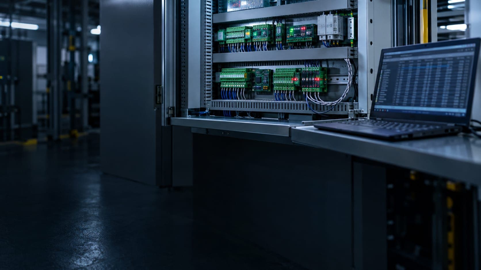 工控室中打開的控制櫃 端子台與 I/O 模組 筆電顯示暫存器資料
